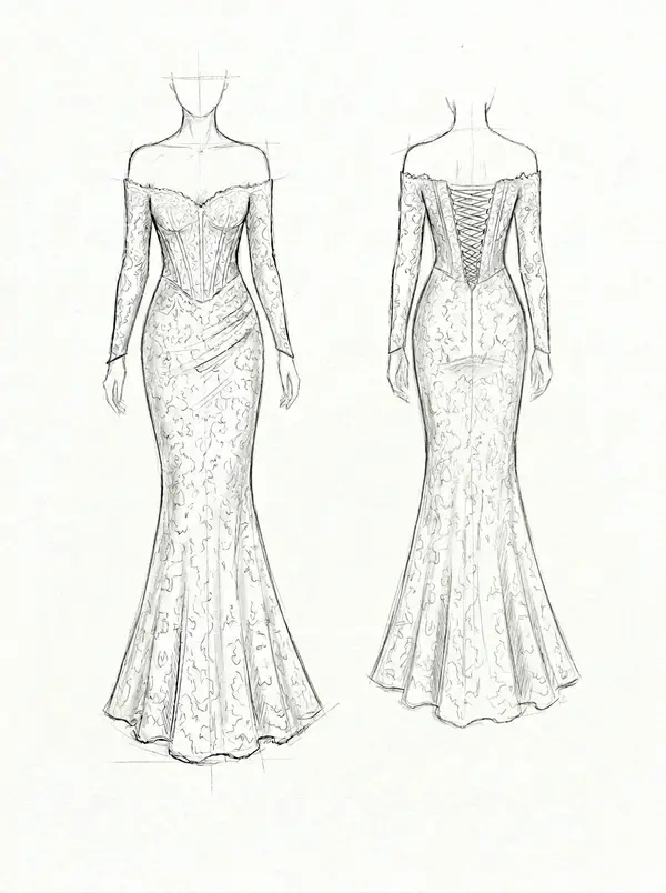 Chosen design sketch C — lace mermaid gown similar to Amelia's inspiration without the detachable train