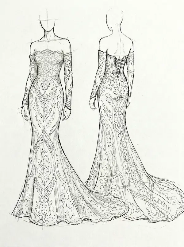 Design sketch B — lace mermaid gown variation with a different neckline and lace pattern