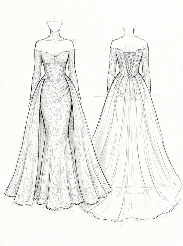 Design sketch A — fitted lace mermaid gown with a detachable train option