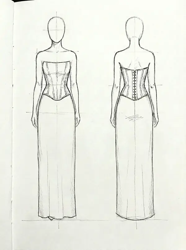 Design adjustment A — hand-drawn strapless corset split Aline gown with a clean skirt and narrow hem, front and back views