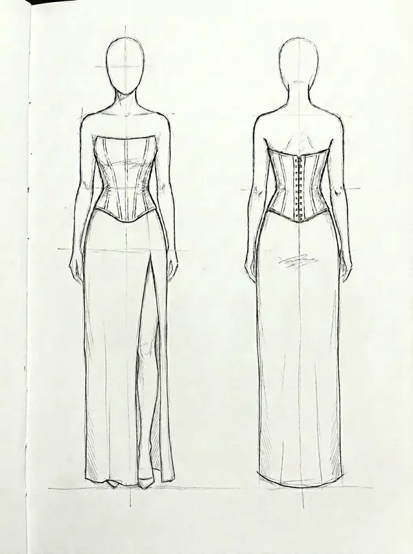 Design adjustment B — hand-drawn strapless corset split Aline gown with a front thigh slit and clean back view