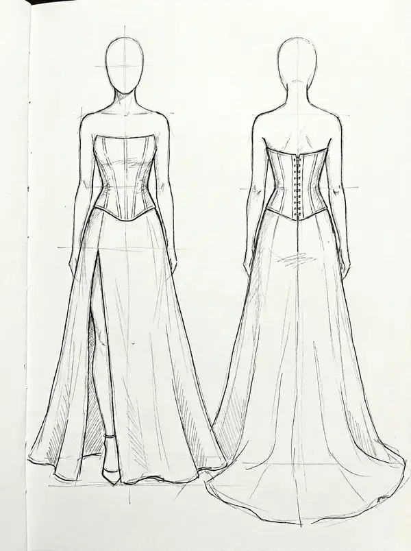 Chosen hand-drawn sketch — strapless corset split Aline gown with front thigh slit, soft flared skirt, and extended train, front and back views