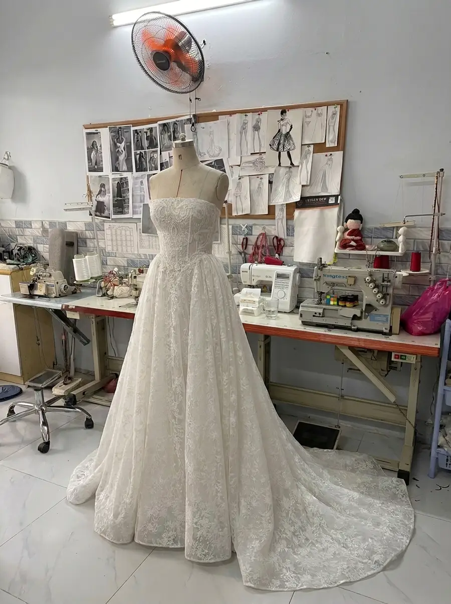 A-line wedding dress silhouette photographed for production visibility and dress direction review