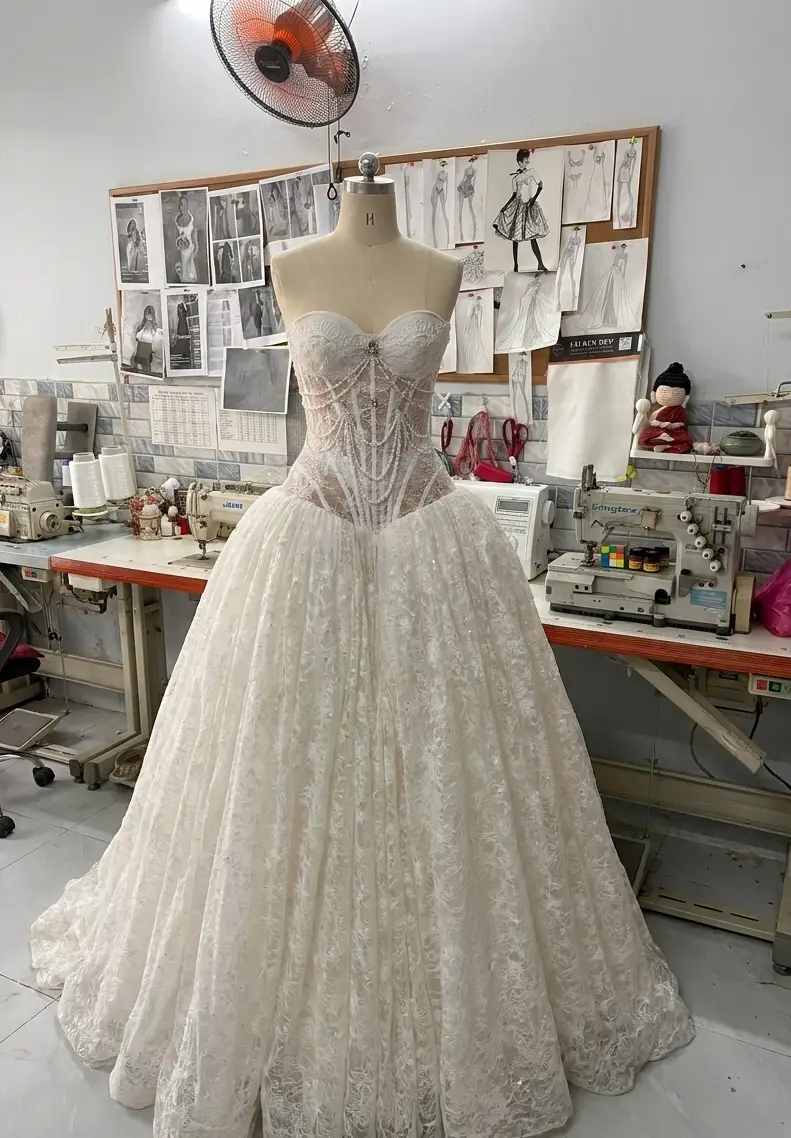 Production-house photo showing a ball gown wedding dress silhouette with a defined waist and full skirt