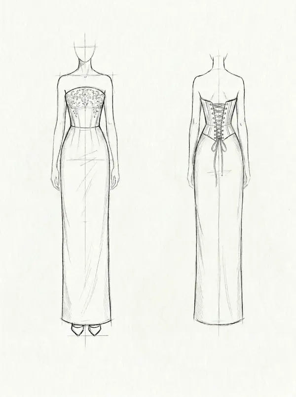 Design direction B — strapless crystal-embroidered fitted column gown with corset lace-up back, front and back views drawn by hand