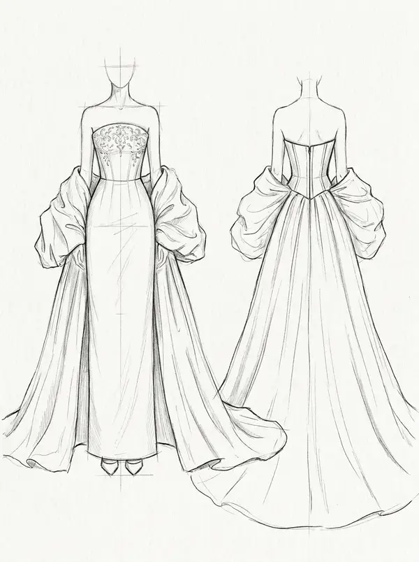 Chosen design sketch — strapless crystal-embroidered fitted column gown with detachable draped overskirt and train, front and back views drawn by hand