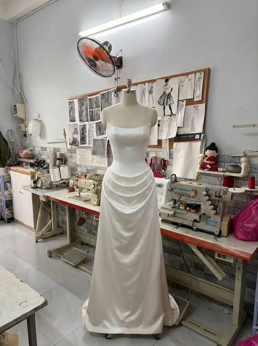 Production-house photo showing a corseted wedding gown bodice with structured panels and lace-up back