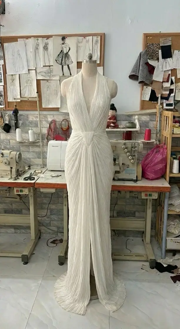 Production-house photo showing draped fabric on a wedding gown with soft gathers and wrapped panels