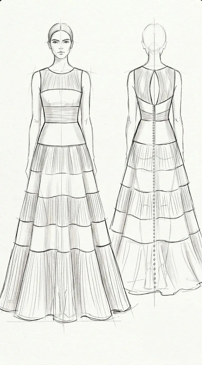 Custom wedding dress sketch translated from bride inspiration photos into a confirmed production direction