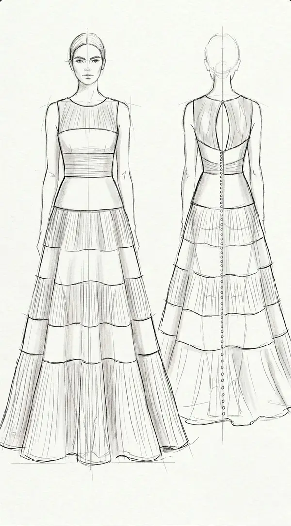 Chosen design sketch — front and back views of the minimal draped Mikado silk and tulle wedding dress